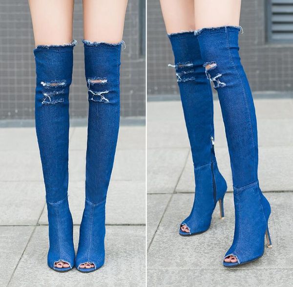 

2021 women summer autumn peep toe over the knee thigh high boots elastic denim jeans heeled pumps shoes ladies7059790, Black