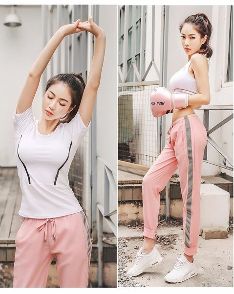 

новая женщина футболка + бюстгальтер + брюки 3 шт. спортивные костюмы йога дизайнер одежды повседневная девушка работает фитнес-костюм бокс, Gray