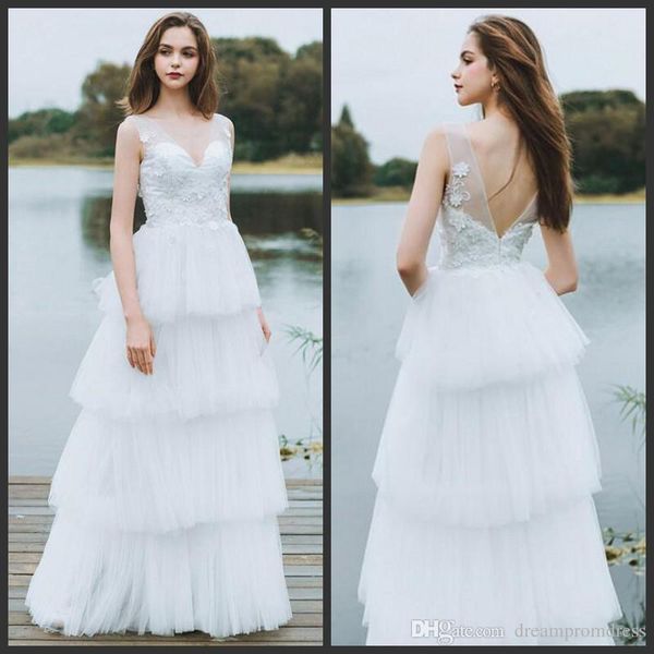 

new arrive a line fashion wedding dresses deep v neck appliques backless bridal gowns tiered skirts tulle wedding dresses, White