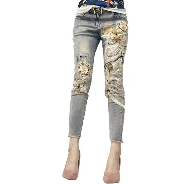

women's sequined nine-cent calf jeans, Blue