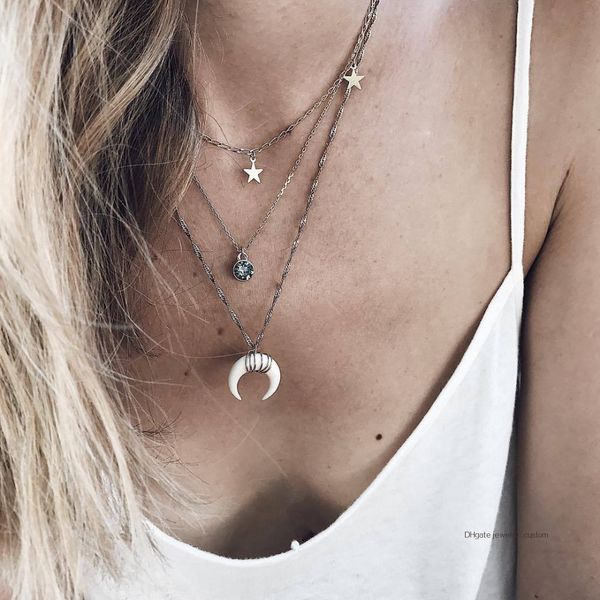 

Women Fashion Star Moon Crystal Pendant Multilayer Gold Necklace Bohemian Retro Choker Beach Jewelry Accessories