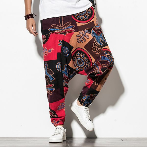 

2020 men harem pants mens printed elastic waist joggers pants male vintage streetwear baggy drop-crotch trousers wide leg, Black