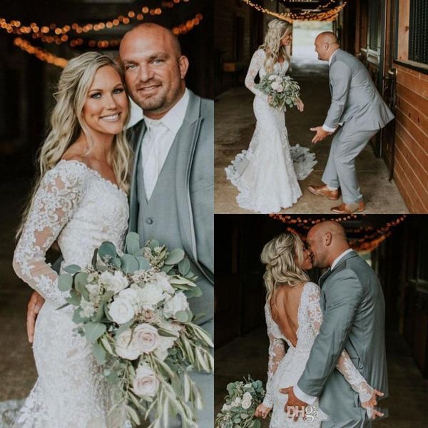 

backless mermaid wedding dresses with appliqued floor length v neck vintange lace bridal gown plus size, White