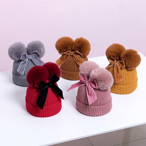 

cute thicken winter warm hats for kids with double pompom bowknot knitted caps beanie soft girls boys outdoor hat bonnet mx191109, Blue;gray