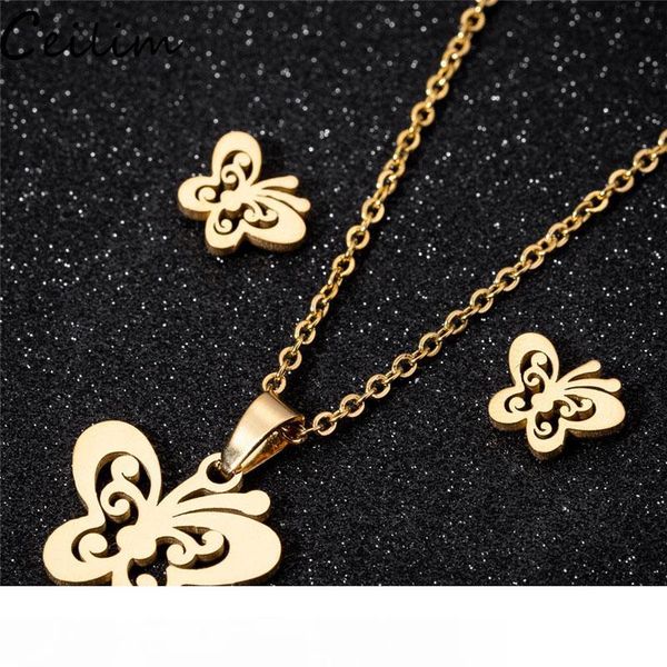 

butterfly necklaces earrings sets gold stainless steel jewelry set cute animal stud earings for women friend jewelry gift, Silver