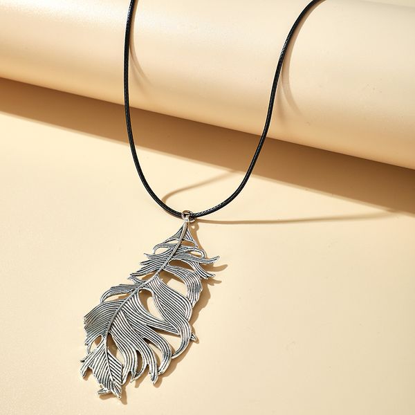 

huatang retro silver color feather leaves pendant necklace for women black rope chains female party collares jewelry on the neck