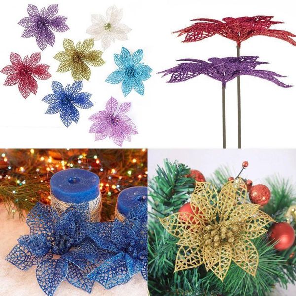 

10pcs 15cm glitter hollow wedding party christmas decorative flowers simulation flowers xmas tree decorations party supplies