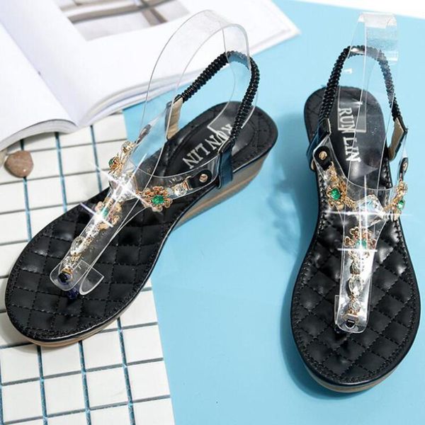 

women sandals 2020 summer women sandals crystal bohemia ethnic wedge casual beach shoes sandalia feminina xx217, Black