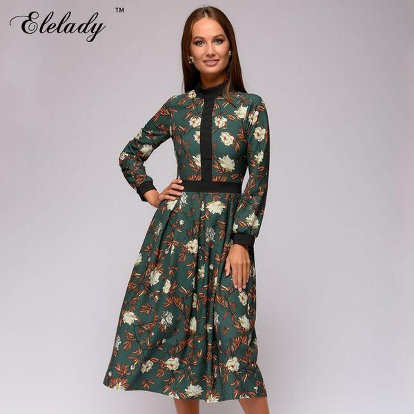 

southpire new fashion o-neck long sleve a-line dress women classic retro floral printed summer dress patchwork midi vestidos, Black;pink