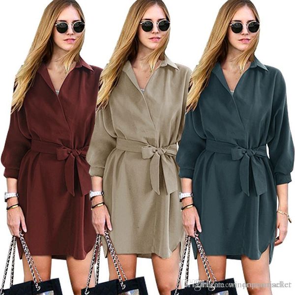 

women designer summer dresse new loose fitting mid sleeve lapel shirt dresses mid length tunic lace up dress, Black;gray