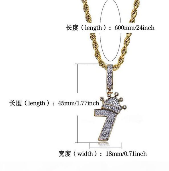 

14k iced out crown numbers seven pendant necklace lucky number 7 necklace mens micro pave cubic zirconia simulated diamonds hip hop jewelry, Silver