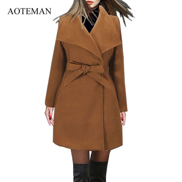 

aoteman long winter coat women new fashion casual vintage belt solid jackets blazers elegant office ladies coat casaco feminino, Black