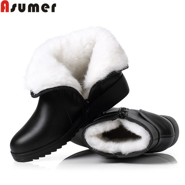 

asumer 2020 new ankle boots for women round toe zip keep warm snow boots comfortable ladies natural sheep wool winter, Black