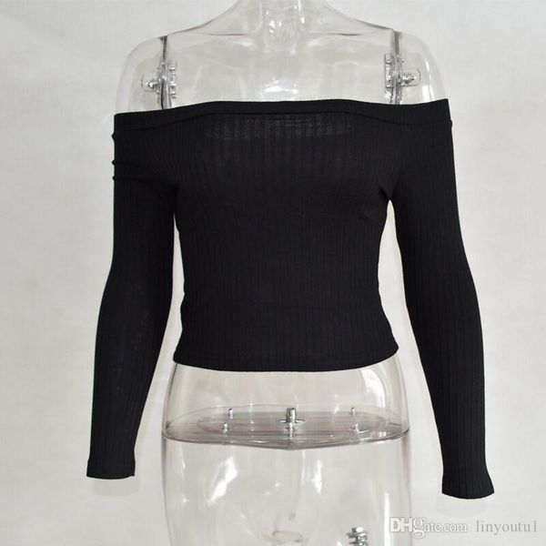 

2020 women off shoulder crop t shirts long sleeve short t-shirts for women clothing fashion black t-shirt tees korean style, White