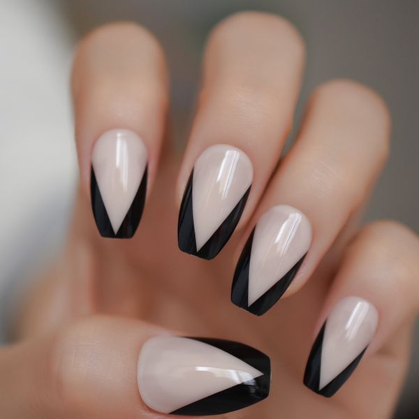 Ballerina Nail Art Tips Beige Nude Black French False Coffin Nails Art Tips Flat Shape Full Cover Manicure Press On Fake Nail Fake Nails Designs Nail