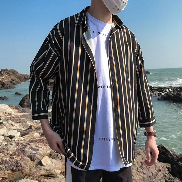 

mens three quarter sleeve black white striped shirt men streetwear regular fit casual korean fashion dress xxxl 2019 summer cs45, White;black
