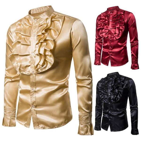 

fashion men shirt autumn solid color stand collar long sleeve shirt party costume for wedding party performance homme, White;black