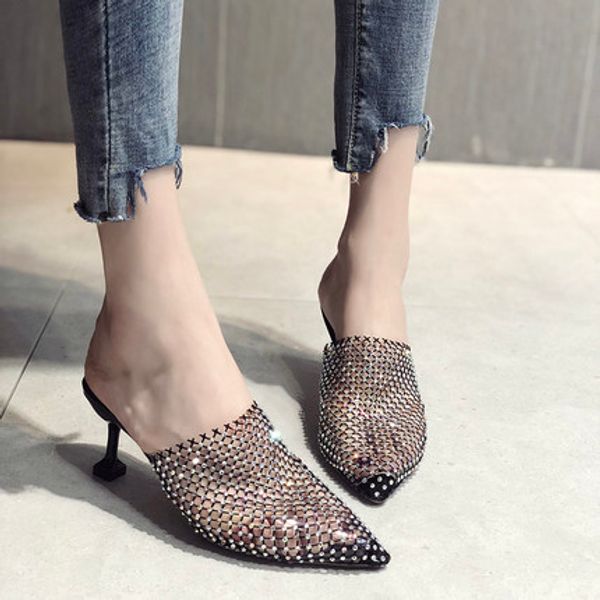 

european and american baotou wear sandals and slippers 2020 summer hollow pointed pointed rhinestone high heel slippers women, Black