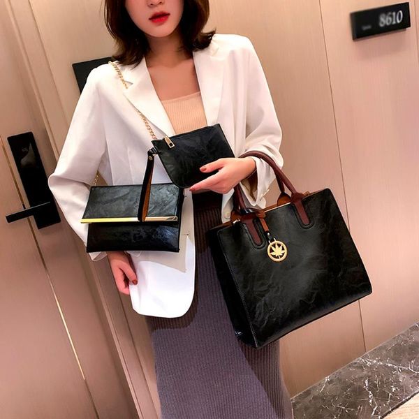 

fashion women's outdoor solid color three-piece leather handbag messenger bag#g30