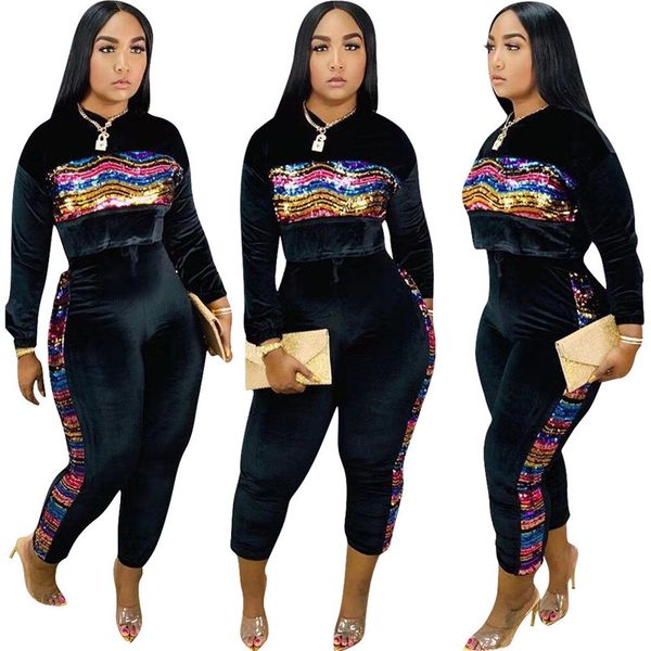 

осень sequnins женщины дизайнер tracksuit мода crew neck 2pcs костюмы женская панелями повседневная одежда, Gray