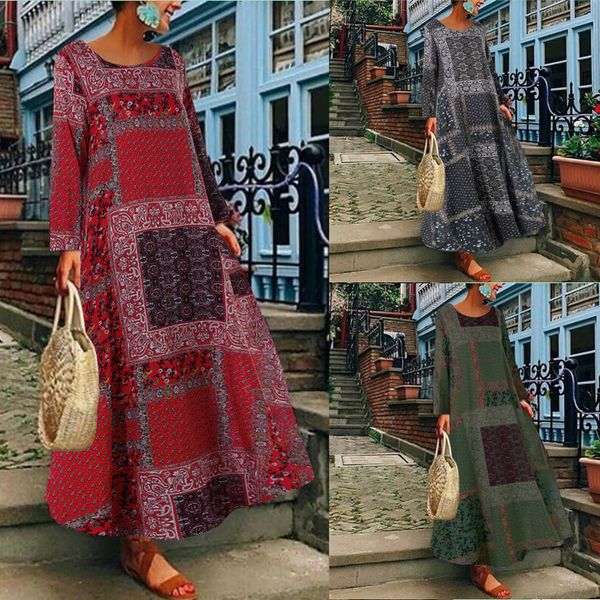 

large size women's cotton and linen printed long-sleeved loose swing women's dress s-5xl, Black;gray