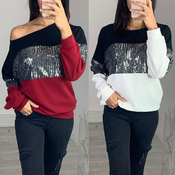 

fashion autumn womens sequin long sleeve o-neck casual loose blouse, White