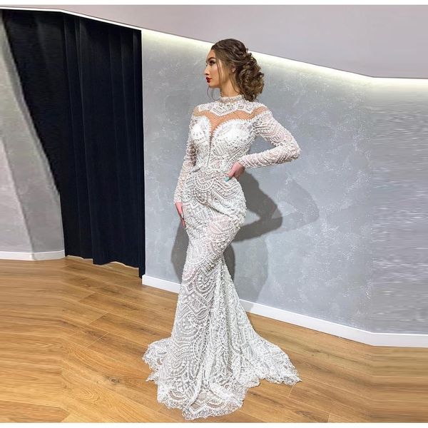 Abiti da sposa a sirena a collo alto con collo a sirena a maniche lunghe Abito da sposa a sirena vintage africano Dubai vestido de noiva