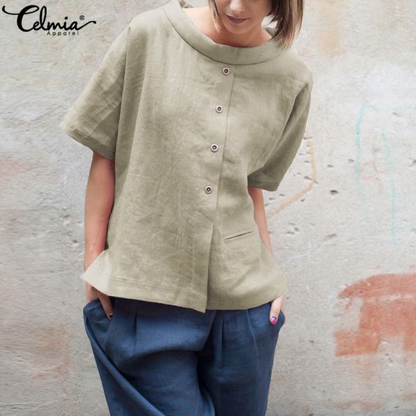 

celmia plus size summer 2019 women vintage linen blouses buttons short sleeve shirts patchwork casual loose blusas feminina, White