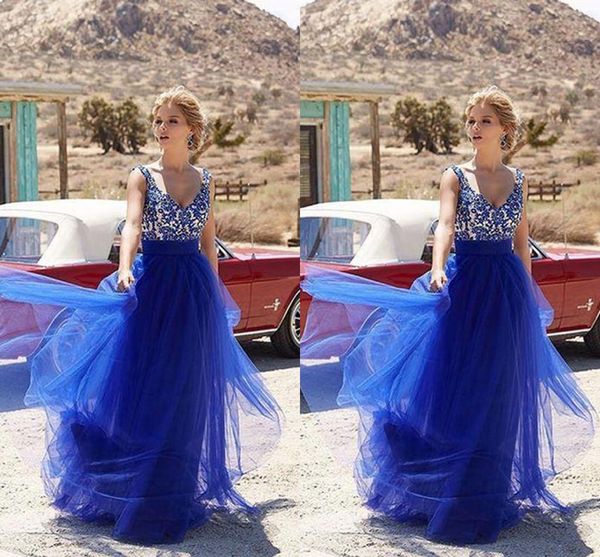 Königsblaue Spitze Günstige Ballkleider 2019 V-Ausschnitt Flügelärmel Empire-Taille Abendkleider Elegantes formelles Kleid Mode nach Maß