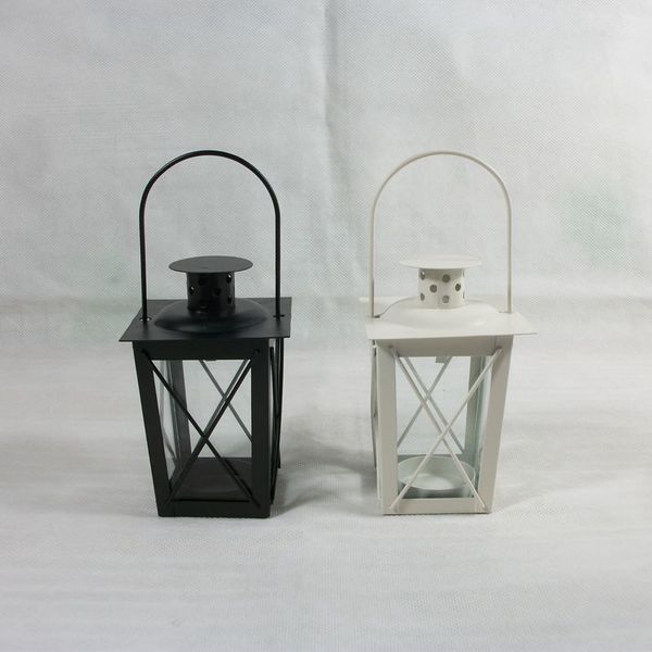 Portacandele in metallo Portacandele a forma di lanterna in ferro colore bianco nero