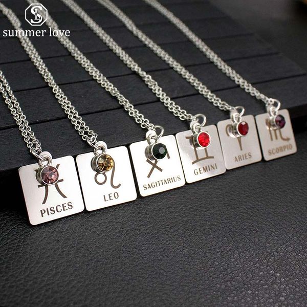 

нержавеющая сталь 12 зодиака созвездие знаки кулон ожерелье кристалл камень ожерелье женщины друг подарок на день рождения ювелирные изделия, Silver