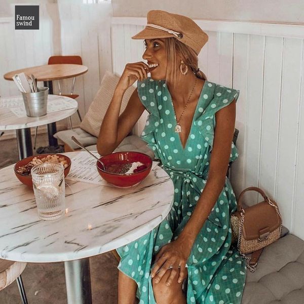 

boho платье женщин 2019 горошек лето midi втулка крышка bohemian оборки платье элегантного пояс spring holiday beach женского vestidos, Black;gray