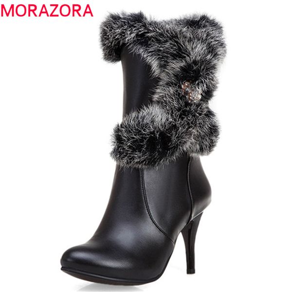 

morazora 2019 new arrival women ankle boots round toe thin high heel winter boots zip pearl fashion party prom shoes ladies, Black