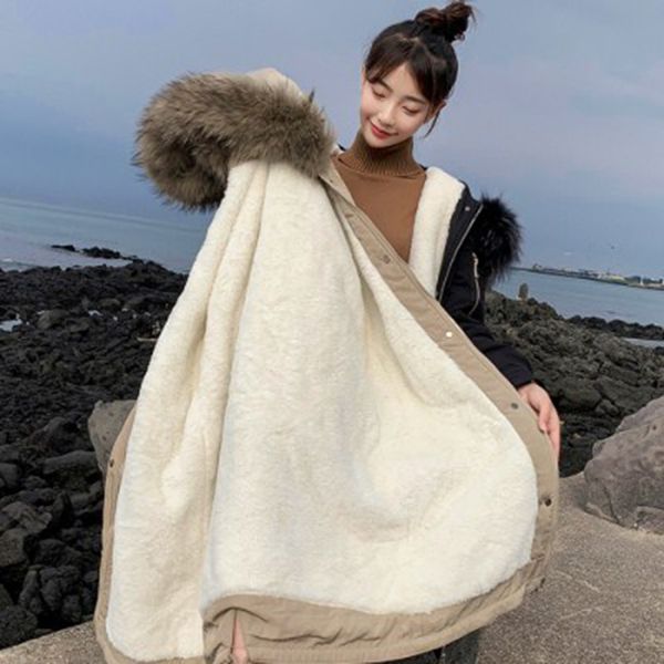 

women cotton-padded long parka faux fur collar hood thick fleece coat winter autumn jackets female korea fashion new 2019, Tan;black