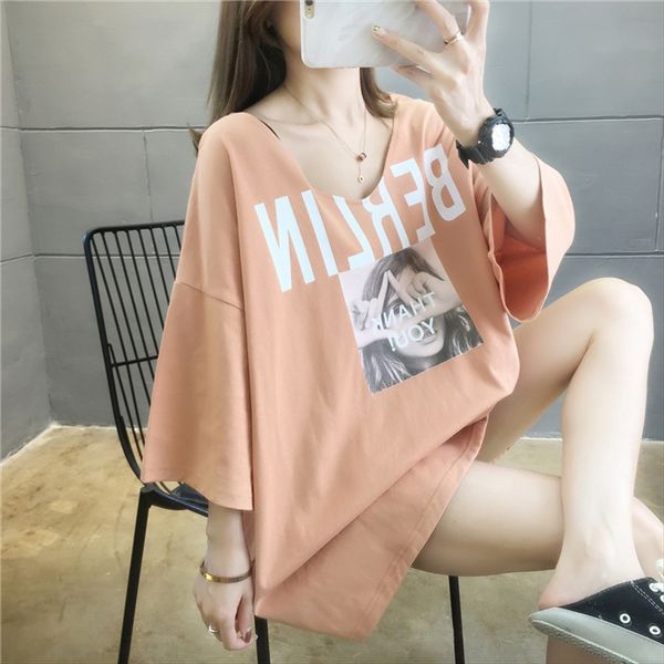 

large size v-neck midi all-match fat mm short-sleeved t-shirt style large size women's v-neck midi loose all-match loose fat mm short-s, White