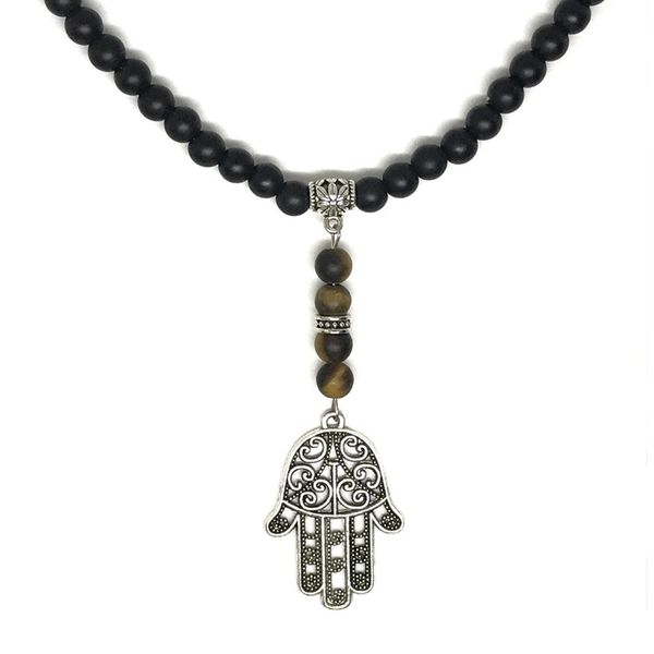 

new arrivals irbacoo men's necklace hamsa hand yellow tiger eye onyx natural stone beads choker necklace male, Silver
