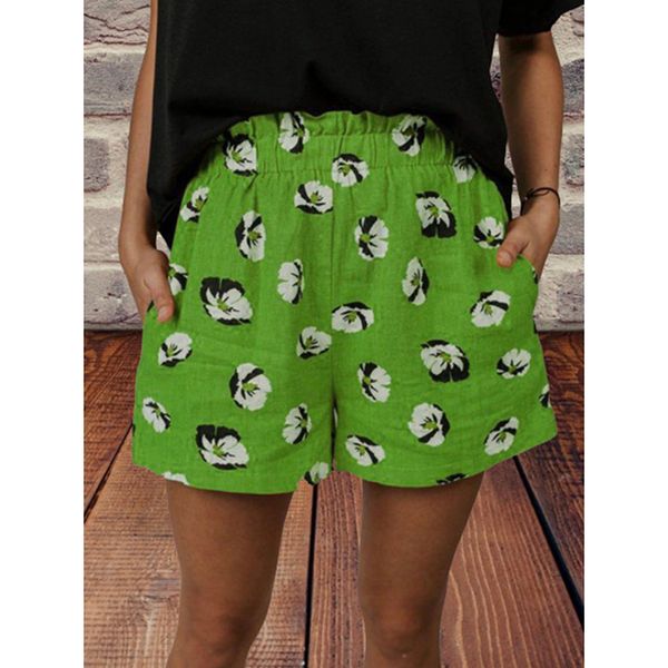 

women casual printed cotton linen elastic waist plus size s-5xl shorts ladies summer harajuku boho beach korean shorts sj5827u, White;black