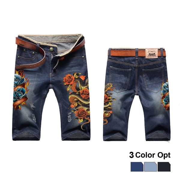 

men boy short jeans skinny hole ripped retro destroy denim straigh trousers print design beach hip hop skate pants snake rose, Blue