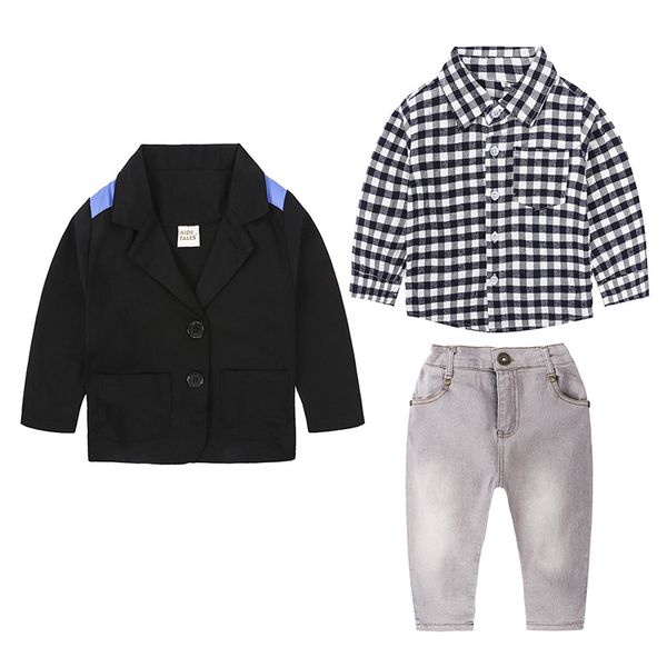 

spring autumn children boy formal suit clothing sets infant boys baby long sleeve coat + shirts + denim jeans 3pcs clothes set, White