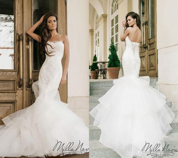 

chic lace mermaid wedding dresses strapless neckline appliques trumpet bridal gowns sweep train lace-up back tiered country wedding dress, White