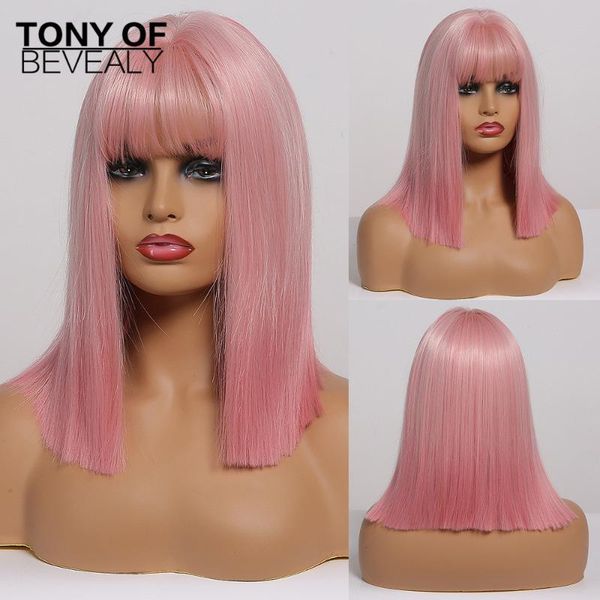 

Medium Length Straight Synthetic Wigs Natural Pink Bob Wigs With Bangs for Afro Women Heat Resistant Bobo Lolita Cosplay, Black
