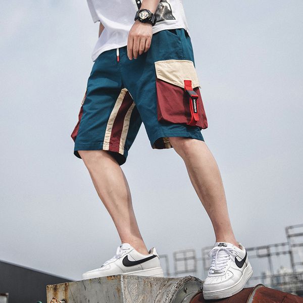 

cotton shorts men casual pockets design color blocks streetwear big size korean style hip hop knee length pants 4xl, White;black
