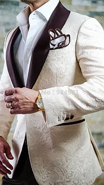 

new arrival groomsmen ivory groom tuxedos shawl brown lapel men suits wedding/prom man blazer ( jacket+pants+tie ) c265, White;black