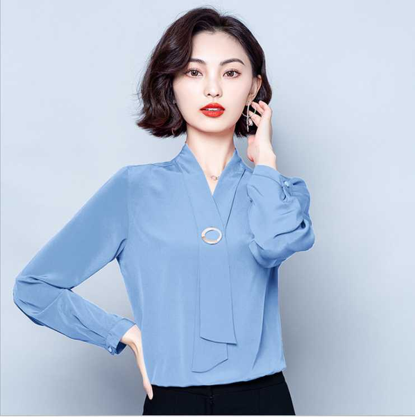 

c027# spring and summer silk satin 2020 long sleeve niche temperament shirt streamer professional loose v-neck, White
