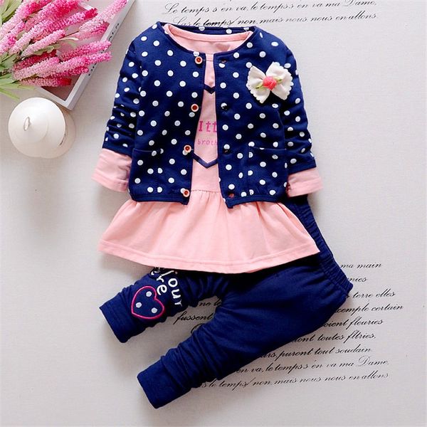 

bibicola baby girl clothing sets kids 3pcs coat+ t shirt + pants children cute princess heart-shaped print bow baby girl outfits, White