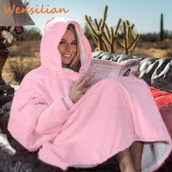 

women blanket sweatshirt robe winter hoodies outdoor hooded coats warm comfy bathrobe christmas fleece blanket sudadera mujer, Black