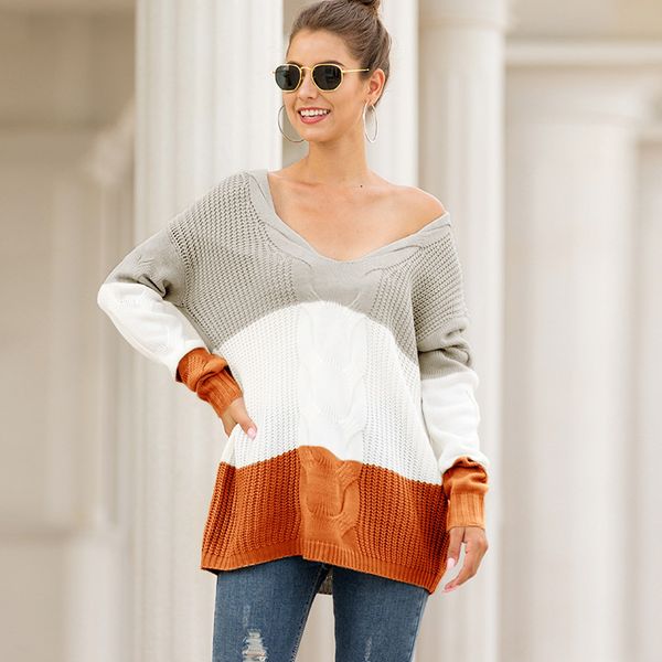 

autumn and winter women's knit sweater v-neck strapless twist color pullover sweater sweaters women pullovers, White;black