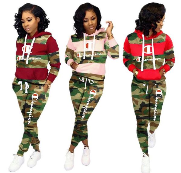 

embroidery champion women tracksuit long sleeve hoodies sweatshirt + pants leggings two piece outfits autumn hooded pullover sportswear suit, White