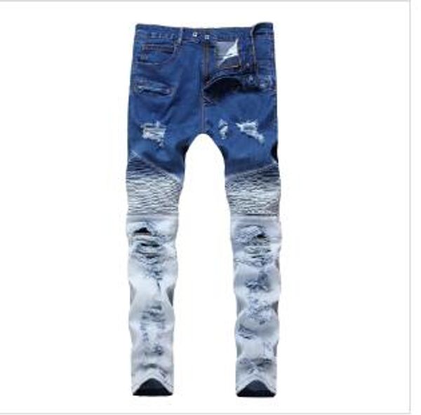 

men pans spring elasticity double color broken holes jeans locomotive skinny jeans zipper mid waist fashion ripped pants leggings, Blue