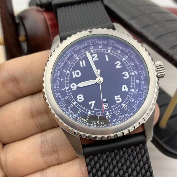 

promotion price navitimer 8 unitime automatic rotating bezel date black dial analog mens watches classic rubber band wristwatches, Slivery;brown
